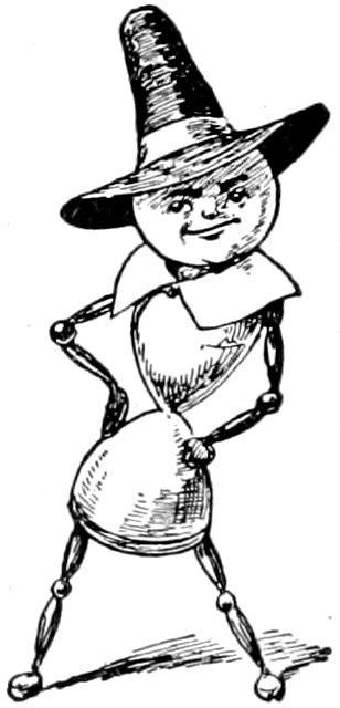 An hourglass-shaped figure with jointed stick limbs, a rounded face wearing a pointed hat and collar, standing with hands on hips.
