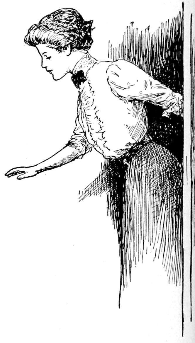 A woman leaning forward with her right arm extended outward and her left arm back against a wall.