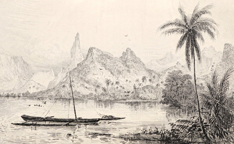 View of Tahiti from the ship with a large outrigger nearby