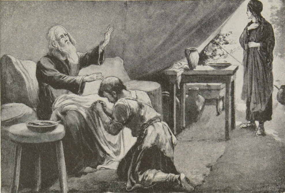 Isaac blesses Jacob as Rebekah looks on.