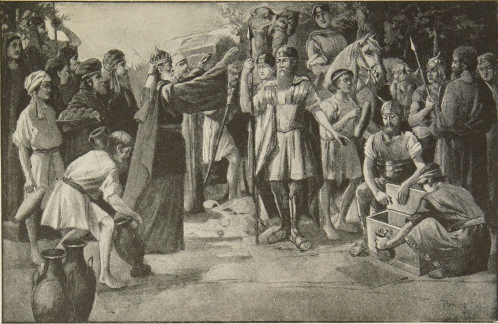 The priest blesses Abraham in the midst of his warriors.