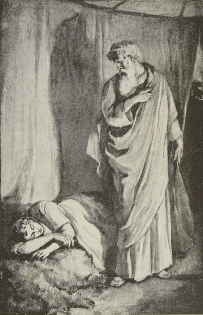 Abraham looks upon Isaac.