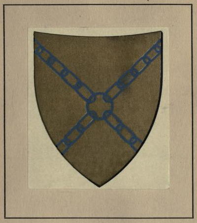 Galigai shield: four blue chains, one from each corner, linked in the center by an blue circle, all on a gold field.