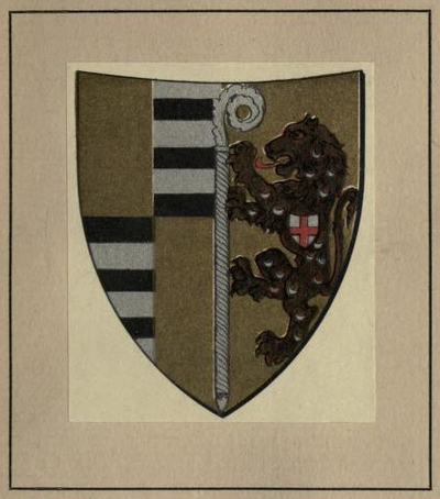 Left half of shield, Visdomini: top right and bottom left quarters have three horizontal black stripes on silver, the other two quarters are gold. Right half, Cortigiani: brown lion with a silver crozier and a small shield of the Florentine people, a red cross on a silver field.