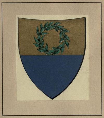 Cavicciuli shield. Top half, laurel wreath on gold field. Bottom half, blue.