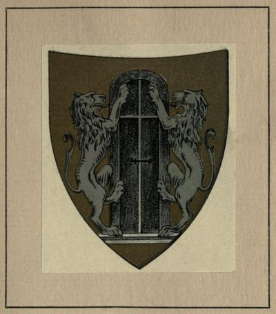 Portinari shield: gold field with two rampant lions, one on each side of a door.