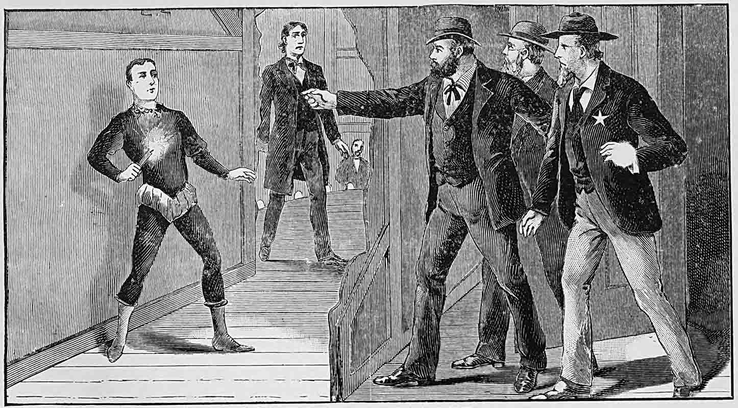 Three men challenging a young man in a costume