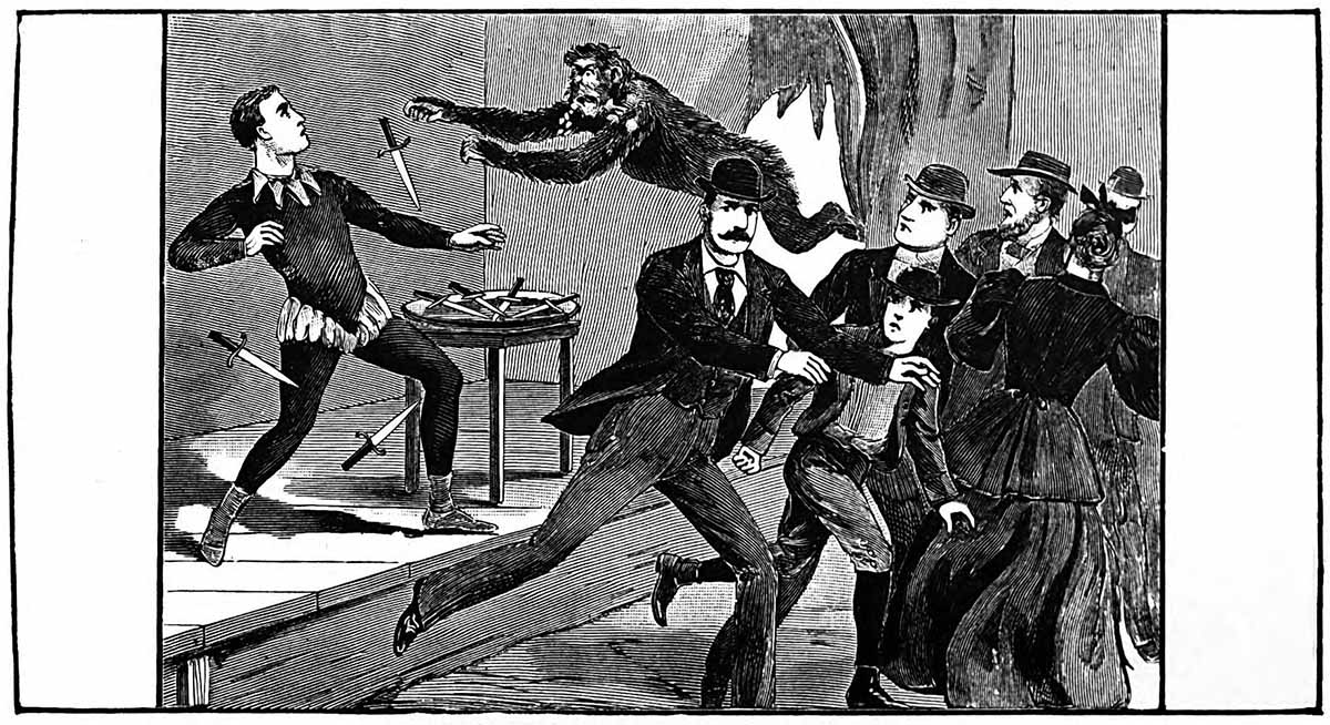 A young man being attacked by a chimpanzee as bystanders run away