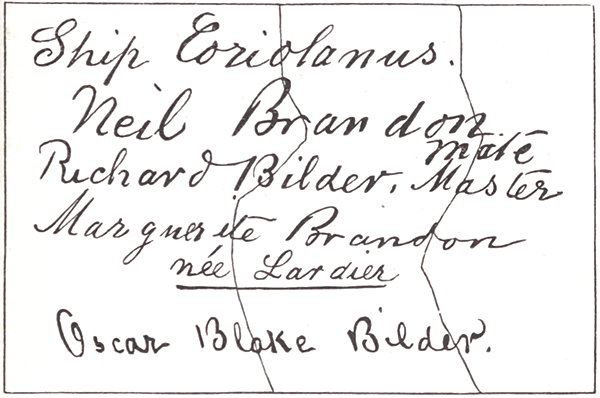 Handwritten card, originally divided into three pieces, now fitted together.
