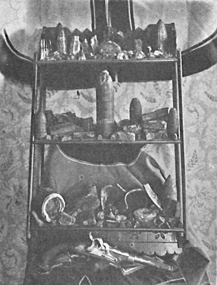 Many shells, a gun, and other items arranged on a shelf