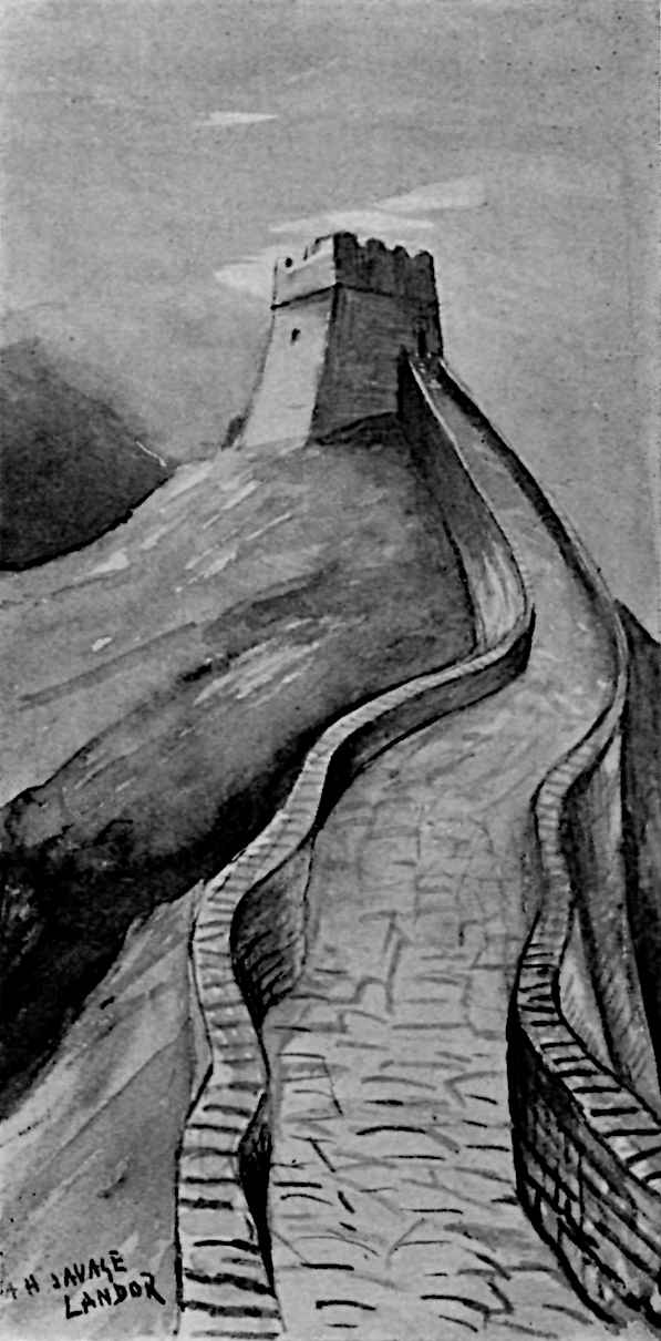 Painting of the Wall of China, leading to a fort in the back