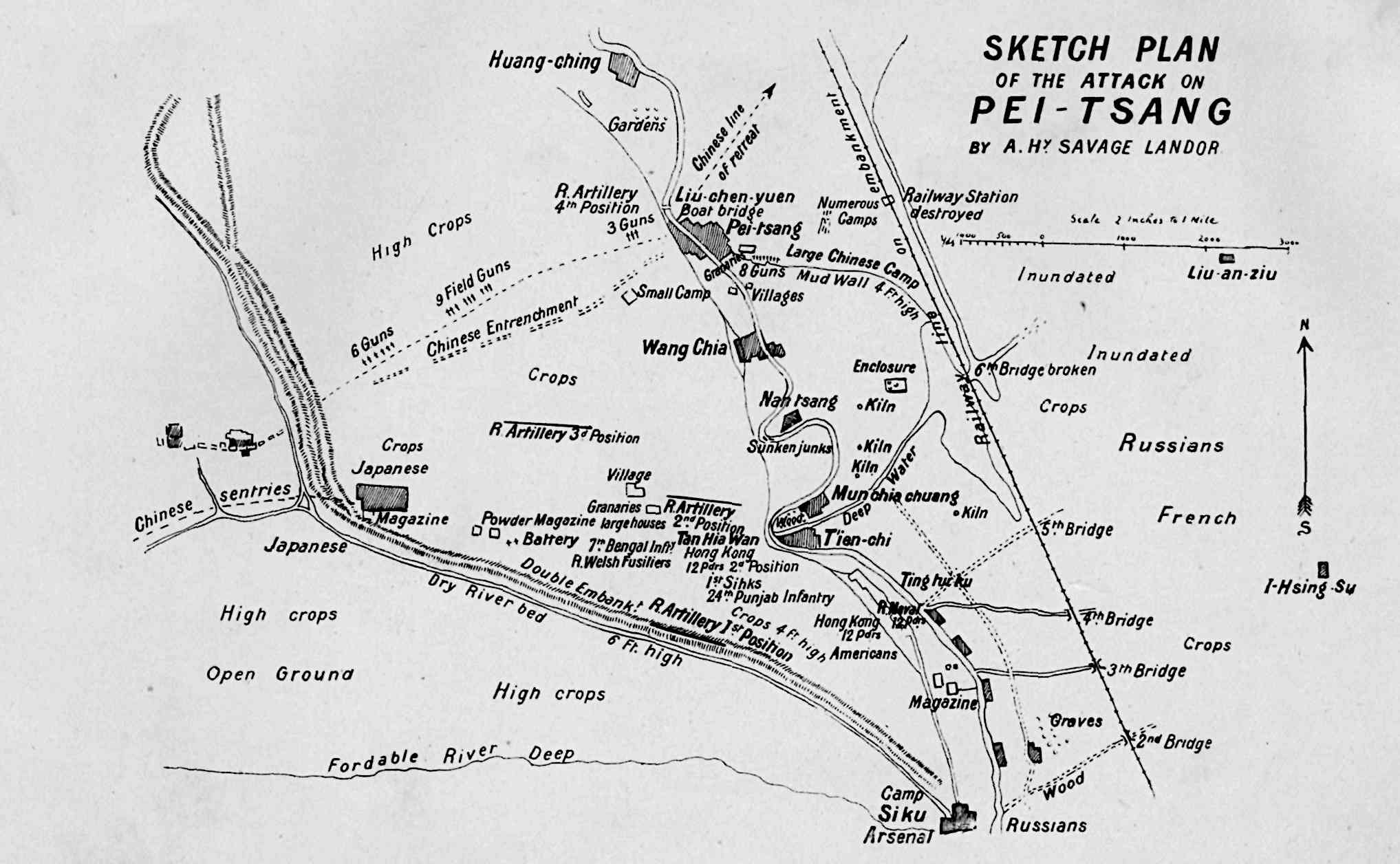 Labeled map with text saying: SKETCH PLAN⏎ OF THE ATTACK ON⏎ PEI-TSANG</i>⏎⏎ BY A. H^y SAVAGE LANDOR