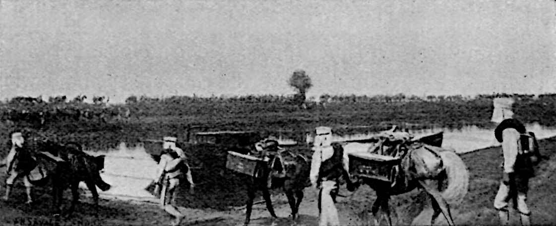 Some people passing by river with horses and carts, in a line