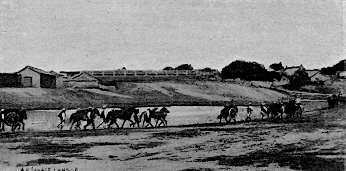 Soldiers on foot next to horses, running to the right, with houses in background
