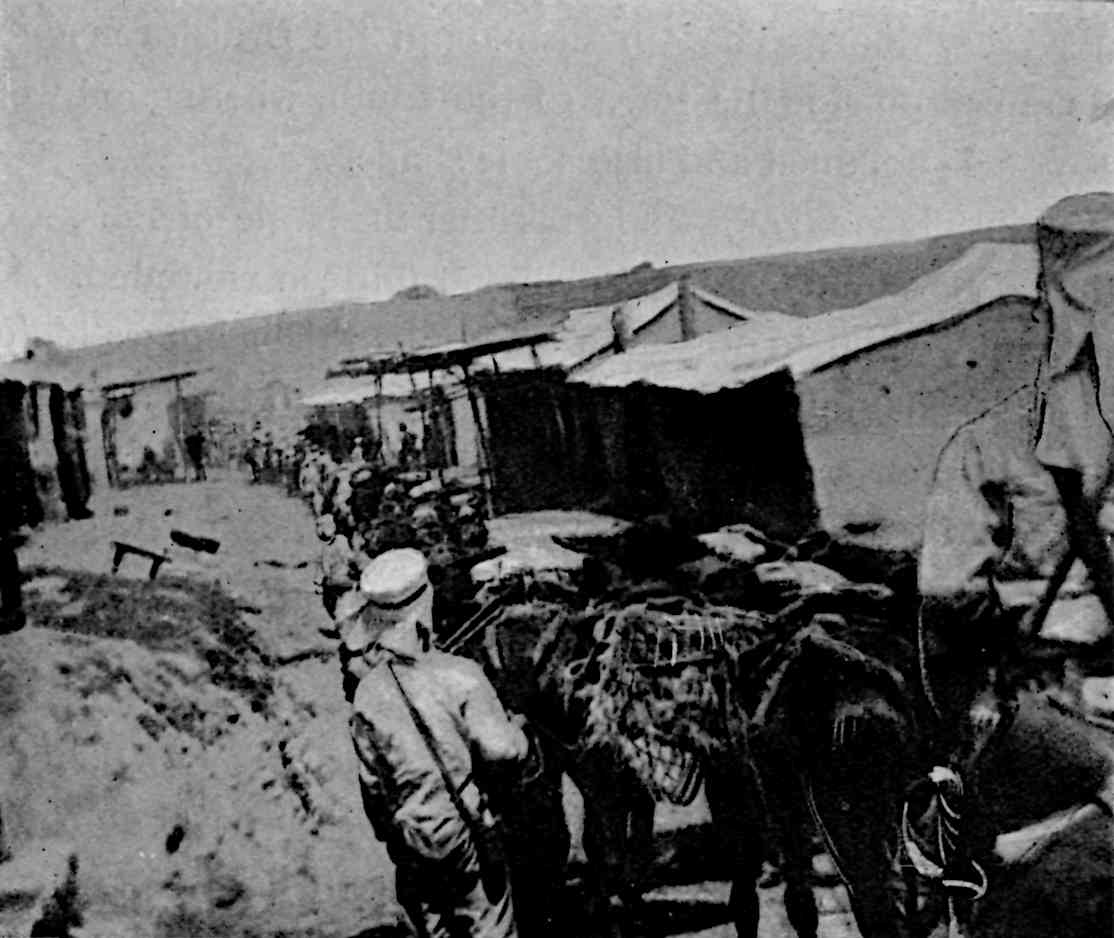 Soldiers leading carts along a street