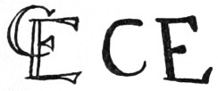 Outlined and intertwined initials C E; solid spaced initials C E.
