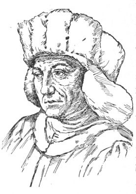 Bust of Eyck, facing slightly left; clean shaven, wearing a tall 14th C. style fur hat.