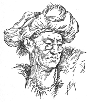 Bust of van Eyck, facing slightly right; clean-shaven, wearing a broad feather cap and spectacles without arms on his nose.