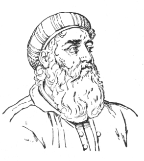 Bust of Il Fattore, facing slightly right; full beard and mustache; wears a striped turban.