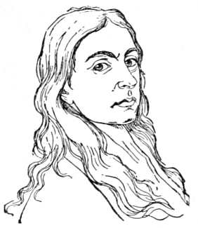 Bust of Gabbiani, facing right, looking forward; clean shaven, long wavy hair to mid-chest.