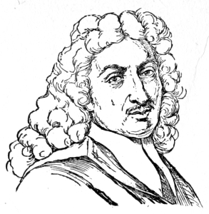 Bust of Genoels, facing forward; thin mustache, long curly locks, possibly a wig.