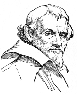 Bust of Gentileschi,facing forward; mustache and goatee, wavy hair; wearing a high collar extending to chin and ears.