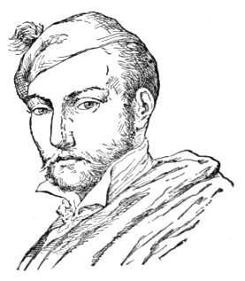 Bust of Géricault, facing forward; thin mustache, scruffy beard, short hair, wearing a cap with a feather.
