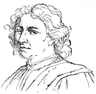 Bust of Ghirlandajo, facing slightly left; clean shaven, wavy hair to his shoulders.