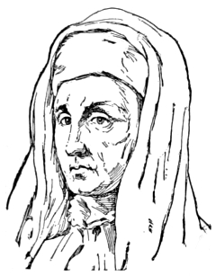 Bust of Giotto. Clean shaven, wearing a head covering extending below the shoulders.