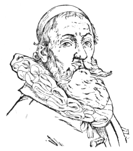 Bust of Goltzius, facing forward; long beard and mustache, short hair covered by a cap; wearing a full ruff.