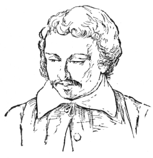Bust of Hire, facing forward, looking slightly downward; thin mustache, short curly hair.