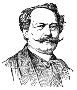 Bust of Hoguet, facing forward; long handlebar mustache; short wavy hair.