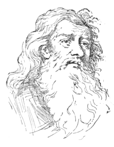 Bust of Holbein, facing slightly right; long mustache and beard to mid-chest; long wavy hair below the shoulders.