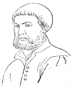 Bust of Holbein, facing slightly left. Mustache and curly beard; short hair.