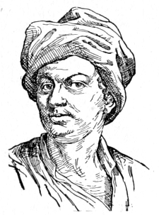 Bust of Huber, facing forward; clean shaven, wearing a soft cloth hat.