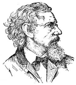 Bust of Inness, facing right; mustache and beard, wire-rim glasses, long wavy hair.