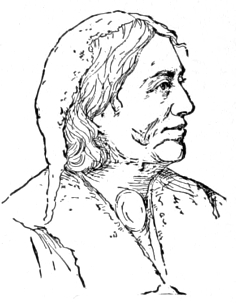 Bust of Jerichau-Baumann, facing right; wavy hair to her shoulders, covered by a long cap.