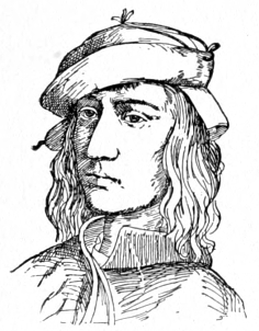Bust of Joest, facing slight left; clean shaven, stringy hair to his shoulders; wears a cloth cap.