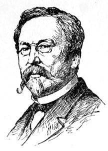 Bust of Johnson, facing slighly left; long mustache, goatee; wire-rim glasses; short hair.