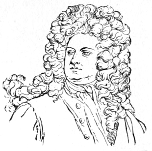 Bust of Kneller, facing slightly left; clean shaven; long curly wig extending to ches.