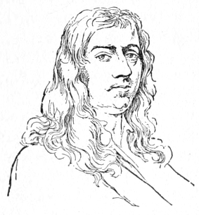 Bust of Koninck, facing slightly right; very small mustache and goatee; long wavy hair extending beyond shoulders.