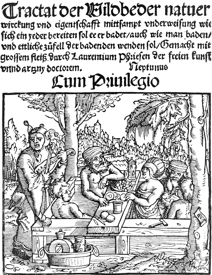 Bildtitel in moderner Rechtschreibung:   Traktat der Wildbäder. Naturwirkung und Eigenschaft mitsamt Unterweisung,   wie sich ein Jeder bereiten soll, eher er badet, auch wie man baden und   etliche Zufälle der Badenden wenden soll. Gemacht mit großem Fleiß durch   Laurentius Phries, der freien Kunst und Arznei Doktor. Neptunus Cum Privilegio