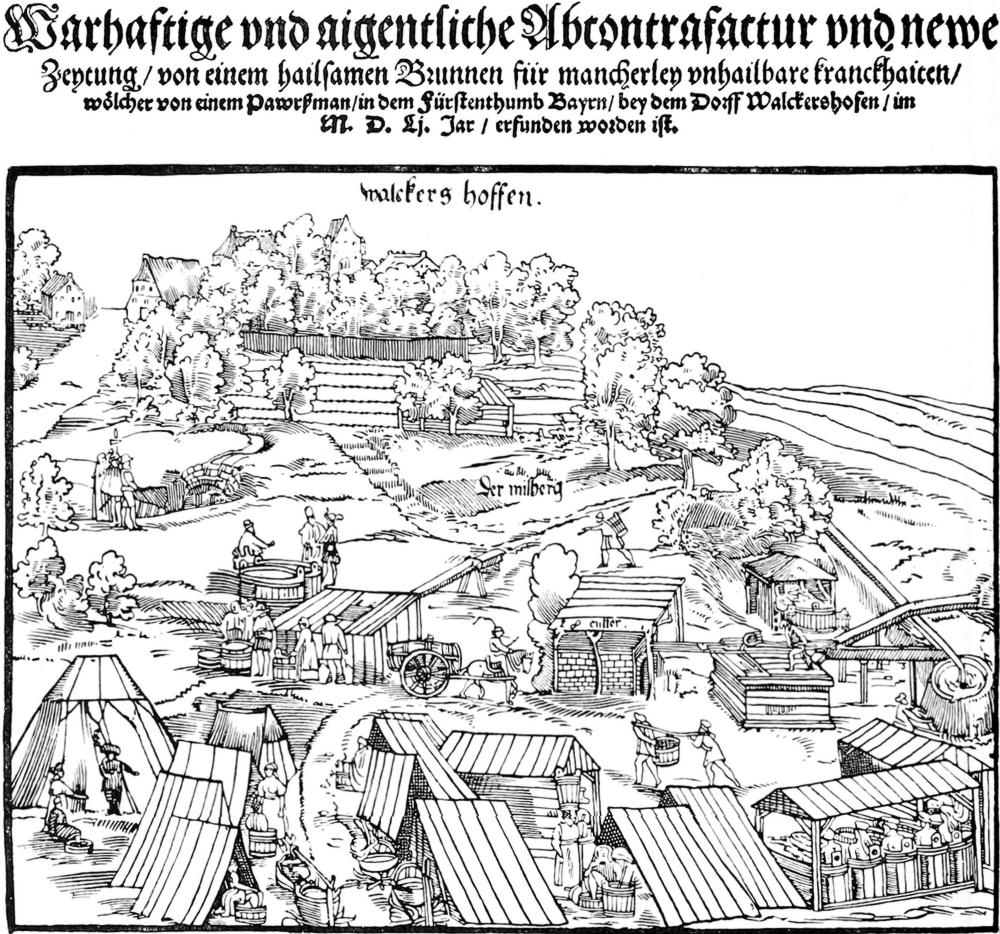 Originalüberschrift des Holzschnitts   in aktueller Rechschreibung: Wahrhaftige und eigentliche Kontrafaktur und neuer   Bericht von einem heilsamen Brunnen für mancherlei unheilbare Krankheiten,   welcher von einem Bauern in dem Fürstentum Bayern bei dem Dorf Walckershofen   1551 entdeckt worden ist.