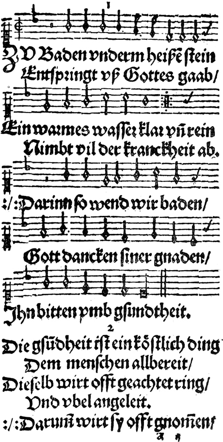 Text der ersten Strophe in   aktueller Rechschreibung: Zu Baden unterm heißen Stein / Entspringt aus Gottes Gab /   Ein warmes Wasser klar und rein / Nimmt viel der Krankheit ab / Darin, so   wenn wir baden / Gott danken seiner Gnaden / Ihn bitten um Gesundheit