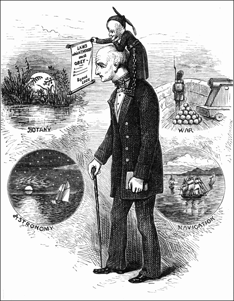 a man (thought) with  a creature (logic) chained to his neck, with images depicting botany, war, astronomy and navigation.