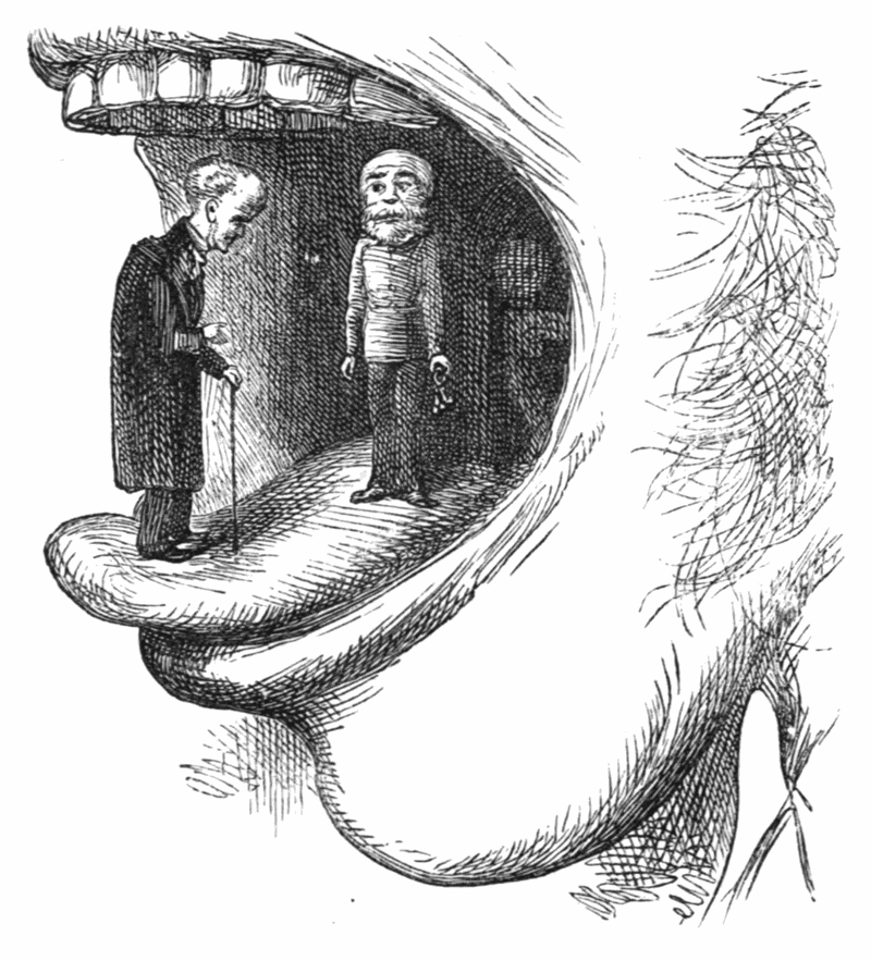 two men in a gaping mouth, a third hidden in the shadows