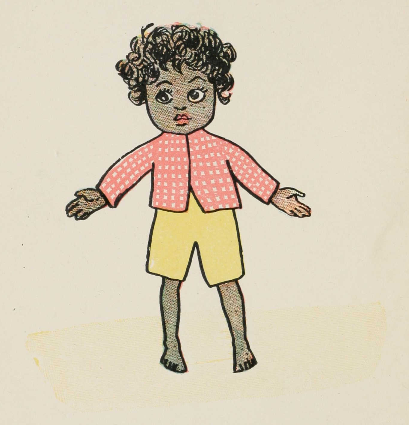Little black Quibba stands with hands outstretched. He is dressed in a spotted apricot jacket and yellow shorts.