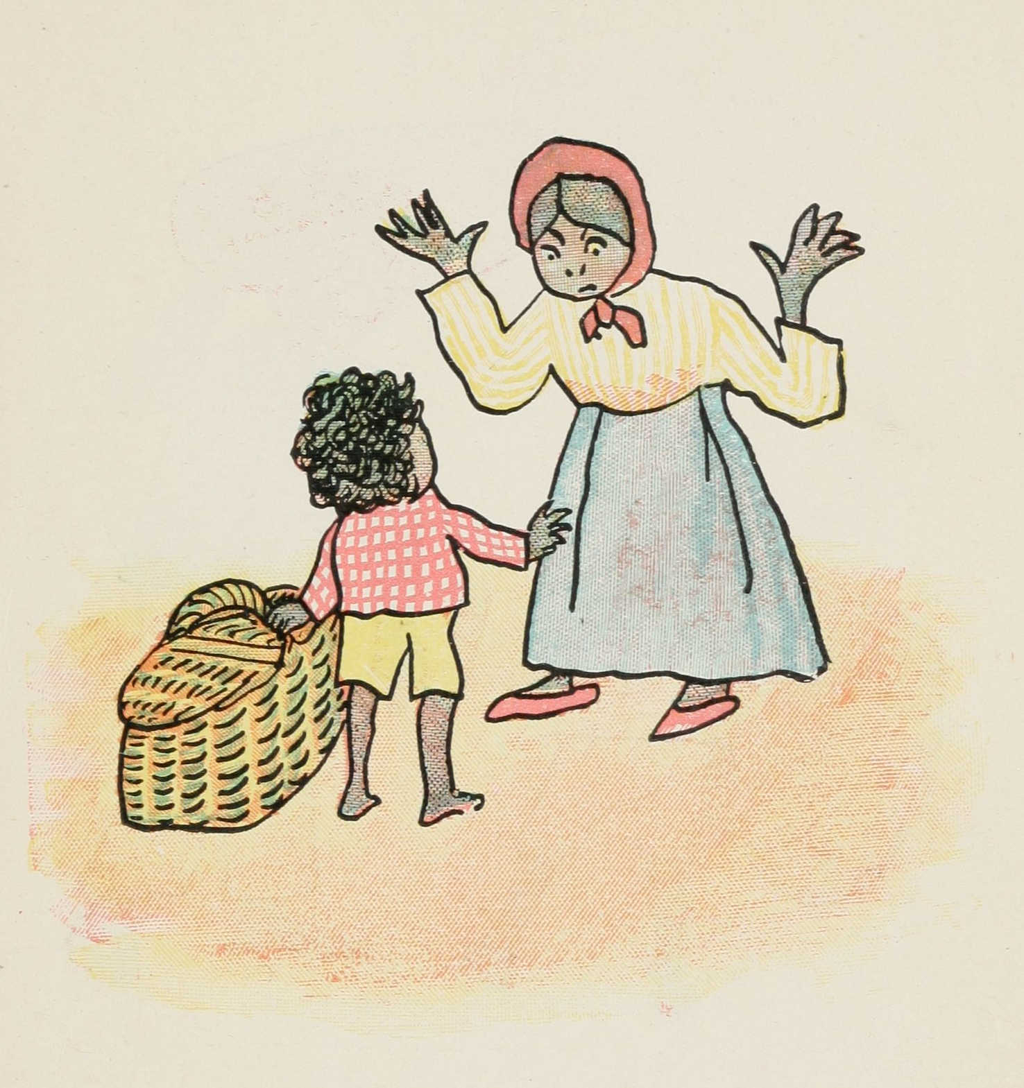 Quibba with his basket case meeting a woman and asking her a question. She does not know the answer.