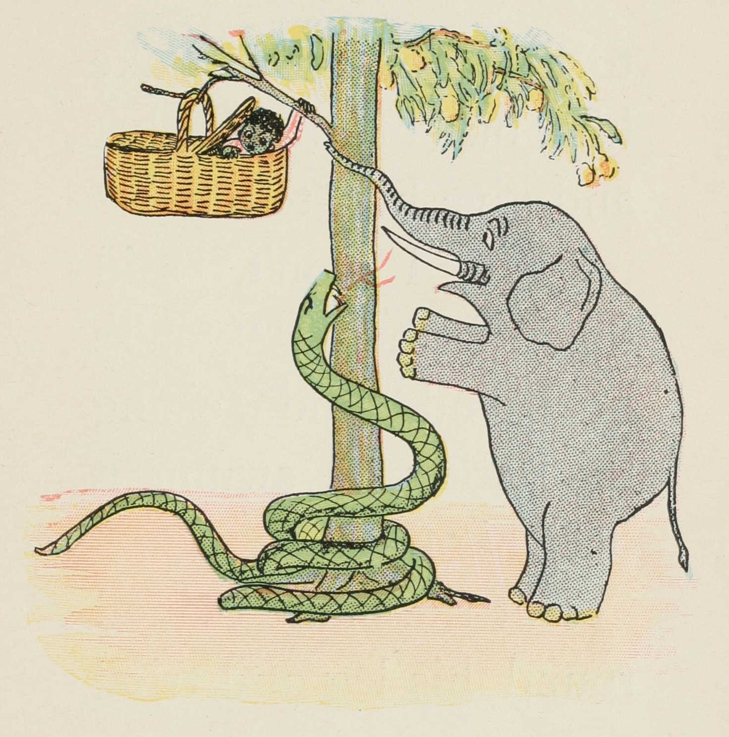 The elephant has an argument with the snake over the mangos.