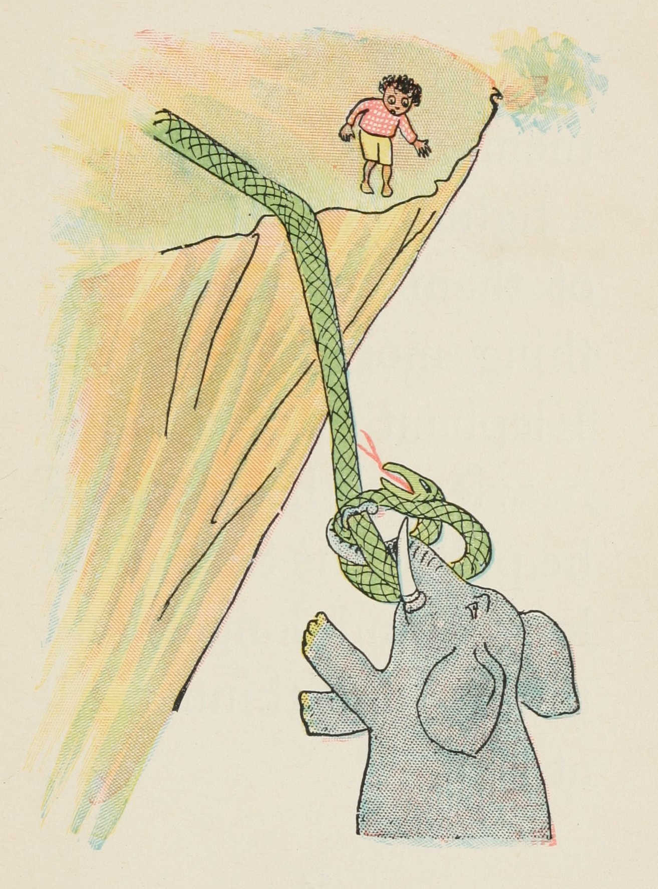 The elephant and the snake are tied in a knot.